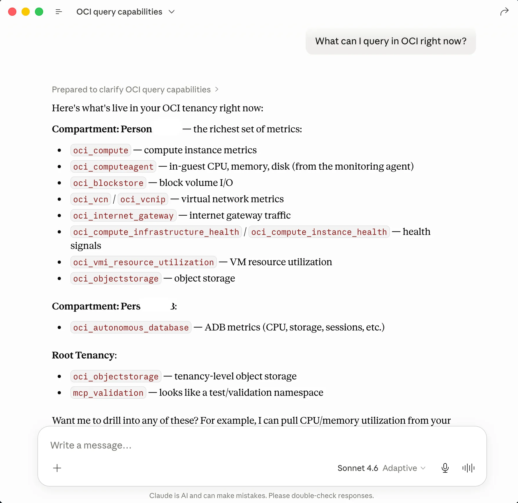 Claude listing compartments and active metric namespaces