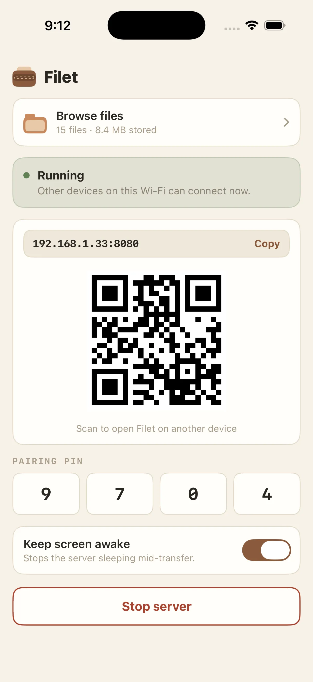 The native control screen — PIN, QR, and connect address while the server runs